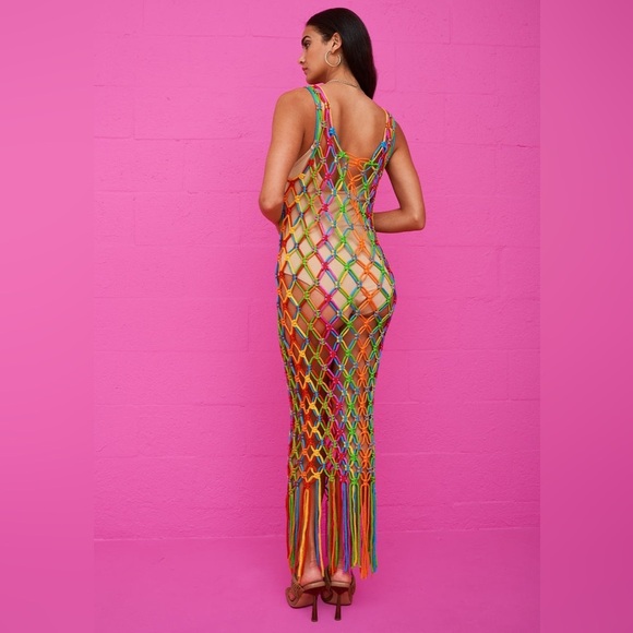 Pitusa Macrame Tassel Dress Rainbow One Size Stretchy Cover Up Beach Vacation - Picture 6 of 11